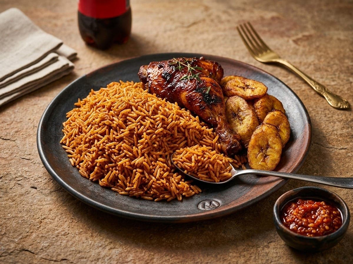 Authentic Nigerian dishes — steaming hot party jollof rice, golden plantain dodo, and spiced grilled chicken